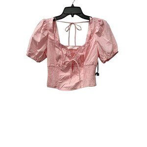 New ASTR Women's Size S Puff Sleeve Smocked Poplin Blouse Crop Top Pink